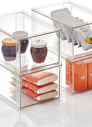 mDesign Plastic Pantry Organization and Storage Bin w/Pull Out Drawer - Stackable Kitchen Supplies Storage Container for Organizing Cabinet, Fridge, Freezer - Lumiere Collection - 4 Pack, Clear