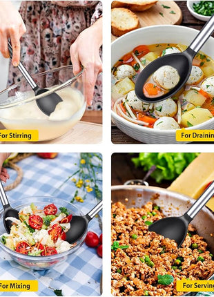 Pack of 2 Large Silicone Cooking Spoons,Non Stick Solid Basting Spoon,Heat-Resistant Kitchen Utensils for Mixing,Serving,Draining,Stirring (BLACK)