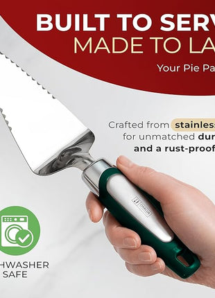 Orblue Pie Server, Essential Kitchen Tool, Serrated on Both Sides, Great for Right or Left Handed Chef, Stainless Steel Flatware, Cake Cutter, Dark Green