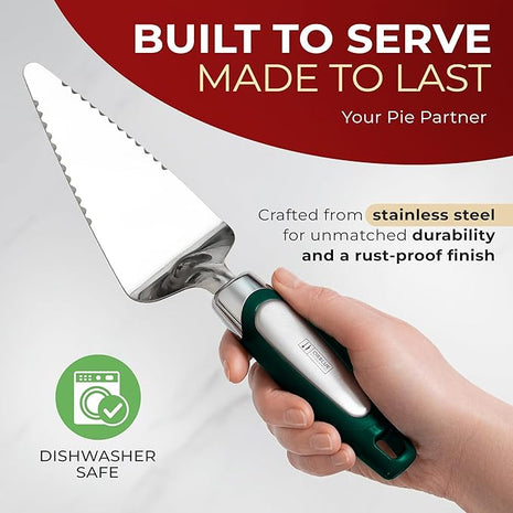 Orblue Pie Server, Essential Kitchen Tool, Serrated on Both Sides, Great for Right or Left Handed Chef, Stainless Steel Flatware, Cake Cutter, Dark Green