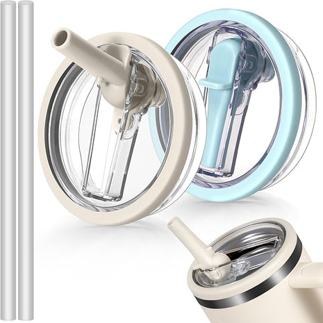 40oz Flip Straw Leak Proof Lid for Stanley H2.0 Quencher Protour Tumbler, 2 Pack Spill Proof Lid Replacement Straw Cover Top for 40 OZ Stanley Cup Accessories (Beige, SkyBlue)