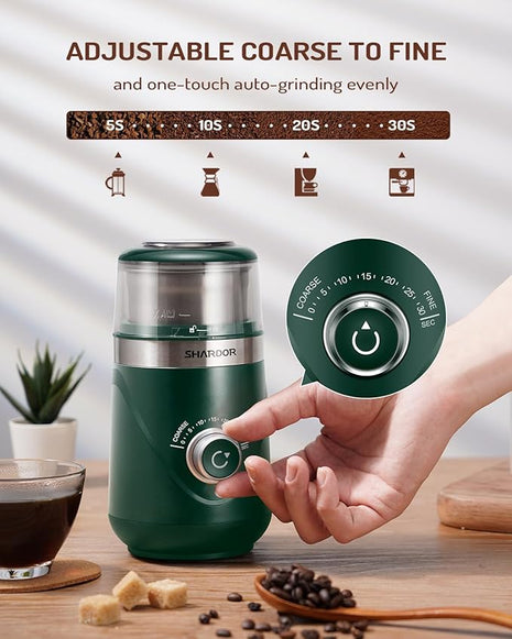 SHARDOR Electric Super Silent Blade Coffee Grinder, Timed Grind Control Rotary Knob, Adjustable Coarse to Fine for Coffee Beans, Spices & Herbs, with 1 Removable Stainless Steel Bowl, Green