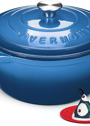 Overmont Enameled Cast Iron Dutch Oven - 4.5QT Pot with Lid Cookbook & Cotton Potholders - Heavy-Duty Cookware for Braising, Stews, Roasting, Bread Baking blue