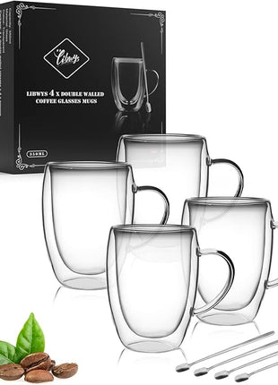 LIBWYS 4 Pack Double Walled Coffee Cups Glasses Mugs 12oz, Espresso Cappuccino Latte Tea Cups with Handle, Heat Resistant Borosilicate Clear Glasses 350ml