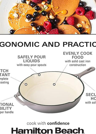 Hamilton Beach Enameled Cast Iron Fry Pan 12-Inch Gray, Cream Enamel coating, Skillet Pan For Stove top and Oven, Even Heat Distribution, Safe Up to 400 Degrees, Durable