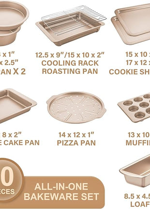 HONGBAKE Bakeware Sets, Baking Pans Set, Nonstick Oven Pan for Kitchen with Wider Grips, 10-Piece Including Rack, Cookie Sheet, Cake Pans, Loaf Pan, Muffin Pan, Pizza Pan - Champagne Gold