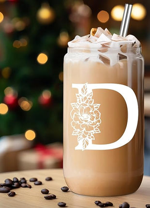 Coolife Initial Glass Cup, Monogrammed Gifts for Women, 16 oz Glass Cups w/Lids Straws, Iced Coffee Smoothie Beer Tumbler w/Straw Lid - Personalized Christmas, Birthday Gifts for Her Mom Friend Woman