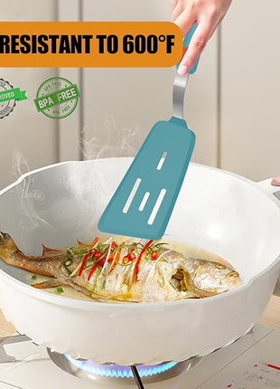 Beijiyi Silicone Spatula Turner Set of 3, 600°F Heat Resistant Nonstick Turner Spatulas for Kitchen Use, Large Flexible Silicone Cooking Utensils Rubber Spatula Set for Egg, Pancake, Fish (Blue)