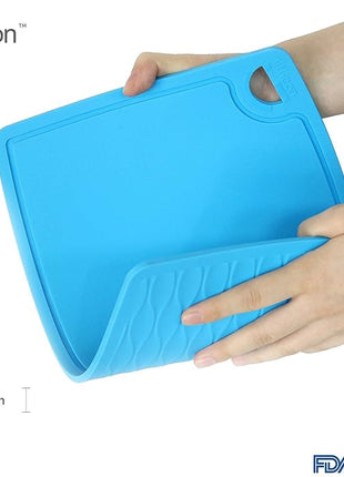Liflicon Thick Silicone Cutting Boards for Kitchen Silicone Chopping Boards/Mats Set of 2 Extra Large14.6''x10.43'', Mini 9.1”x7.1” Non-slip Deep Drip Juice Groove, Dishwasher Safe-Blue