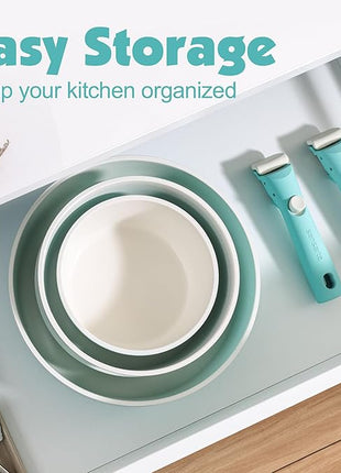 SENSARTE 17 Piece Ceramic Pots and Pans Set, Nonstick Detachable Handle Cookware, Induction Kitchen Cookware Set with Removable Handle, Dishwasher ＆ Oven Safe (Turquoise)