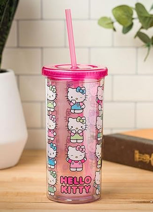 Silver Buffalo Sanrio Hello Kitty Expressions Poses Plastic Cold Cup with Lid and Straw, 20 Ounces