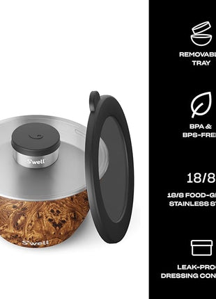 S’well Stainless Steel 64oz Salad Bowl Kit, Teakwood Finish, Includes 2oz Condiment Container and Removable Tray, Leak-Proof and Easy to Clean, Dishwasher Safe