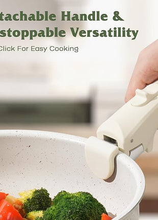 18 Pcs Pots and Pans Set Non Stick, Cookware Sets with Detachable Handle, Nonstick RV Kitchen Cooking Tools Removable Handles, Oven Safe, Induction Fast, Stackable Induction Cookware, White