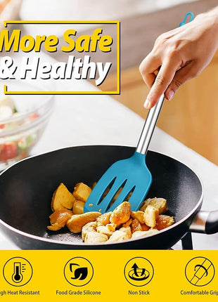 Pack of 4 Silicone Cooking Utensils Set, Non Stick Large Solid Spatulas, Heat Resistant Blue Slotted Spoons, Ideal BPA Free Kitchen Turners for Frying, Mixing,Serving,Draining,Turning,Stirring