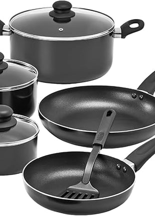 bella Cookware Set, 12 Piece Pots and Pans with Utensils, Nonstick PFOA Free Scratch Resistant Cooking Surface Compatible with All Stoves, Nylon and Aluminum, Black
