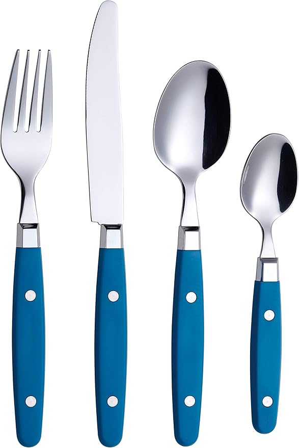 ANNOVA Silverware Set, Retro/Rivet Colorful Stainless Steel Tableware Kitchen Flatware Set Utensils, Includes Dinner Knives, Forks, Spoons & Dessert Spoons (Blue, 24 Pieces)