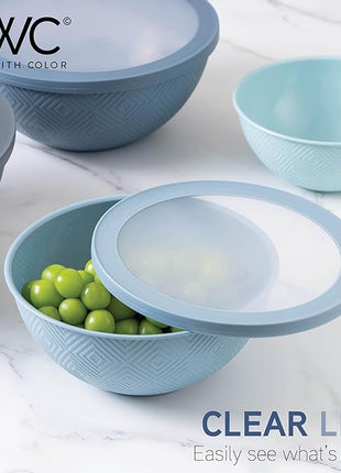 COOK WITH COLOR Mixing Bowls with Lids - 12 Piece Plastic Nesting Bowls Set includes 6 Prep Bowls and 6 Lids, Rhombus Design - Microwave Safe (Blue)