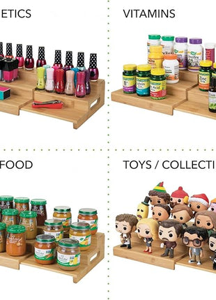 mDesign Bamboo Adjustable, Expandable Spice Rack Organizer with 3 Levels Storage for Kitchen Cabinet, Countertop, Pantry Shelf - Holds Spice Jars - Echo Collection - Natural