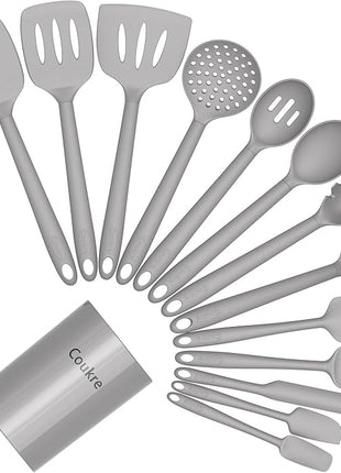 Coukre Silicone Kitchen Cooking Utensils Set with Holder – Heat-Resistant, Food-Grade Kitchen Tools, Spatula, Spoon & Gadgets for Non-Stick Pans, Dishwasher Safe (14, PureGray)