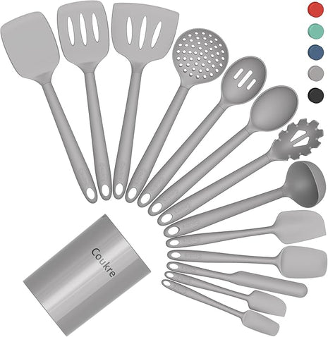 Coukre Silicone Kitchen Cooking Utensils Set with Holder – Heat-Resistant, Food-Grade Kitchen Tools, Spatula, Spoon & Gadgets for Non-Stick Pans, Dishwasher Safe (14, PureGray)