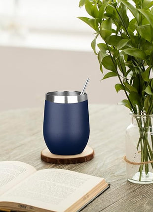 MEZMUT 12 Oz Insulated Wine Tumbler with Lid Double Wall Vacuum Stainless Steel Wine Glass Coffee Mug Insulated Tumbler Cup for Champaign, Cocktail, Beer (Navy, 1 Pack)
