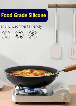 HOTEC Silicone Spatula Set of 2 Heat-Resistant 600°F & BPA-Free Kitchen SaptulaTurner with Stainless Steel Handles, Slotted & Solid Spatulas for Nonstick Cookware, 13.7 Inch, Khaki