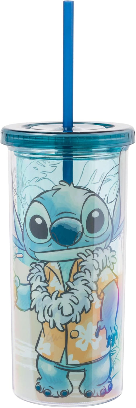 Silver Buffalo Disney Lilo and Stitch Island Stitch Plastic Tall Cold Cup with Lid and Straw, 20 Ounces