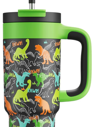 24 oz Kids Tumbler with Straw for Boys: Leakproof, Cold for 26 Hrs, Hot for 10 Hrs, Durable Handle, Insulated Stainless Steel Cup for Daycare, School, Classroom, Playtime, Birthday, Gift (Dino Rawr）