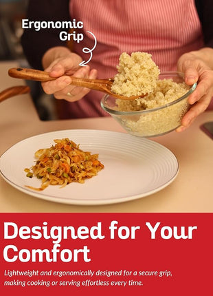 Boxiki Kitchen Luxury Teak Wood Utensil Set - Elegant 6-Piece Cooking Ensemble Including Spoons, Server, Scraper & Spatula - Expertly Crafted for Culinary Excellence