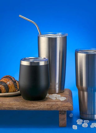 CHILLOUT LIFE 12 oz Stainless Steel Wine Tumblers 2 Pack - Double Wall Vacuum Insulated Wine Glasses Cups with Lids and Straws Set Keeping Cold & Hot for Coffee, Beer, Ice Cream - Powder Coated Black