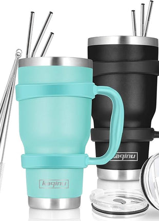 30oz Tumbler, 2 Packs Stainless Steel Double Wall Vacuum Insulated Tumbler Travel Mug With 8Pcs Reusable Straw, 2Pcs Slider Lid, Cleaning Brush, 2Pcs Handles (Black + Teal)