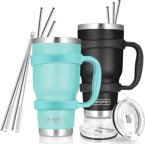 30oz Tumbler, 2 Packs Stainless Steel Double Wall Vacuum Insulated Tumbler Travel Mug With 8Pcs Reusable Straw, 2Pcs Slider Lid, Cleaning Brush, 2Pcs Handles (Black + Teal)