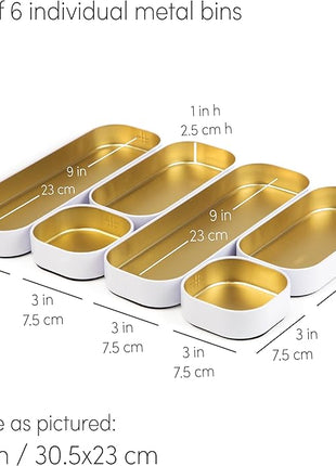 Three by Three Seattle 6 Piece Shallow Metal Organizer Tray Set for Storing Makeup, Stationery, Utensils, and More in Office Desk, Kitchen and Bathroom Drawers (1 Inch, Gold and White)