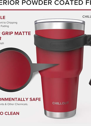 Stainless Steel Travel Mug with Handle 30 oz - 6 Piece Set. Tumbler with Handle, Straw, Cleaning Brush & 2 Lids. Double Wall Insulated Large Coffee Mug Bundle - Cherry Red Powder Coat Tumbler