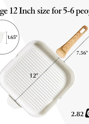 SENSARTE Nonstick Ceramic Grill Pan for Stove Tops, Square Grilling Pan with Pour Spouts, Non Toxic Durable Grill Skillet for All Stoves(Gas,Electric,Induction) PTFE,PFAS,PFOA Free, 12Inch (White)