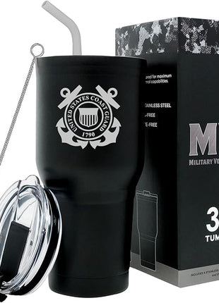 Military Gift Shop 30 oz Black Double Wall Vacuum Insulated Stainless Steel US Coast Guard Tumbler Travel Mug