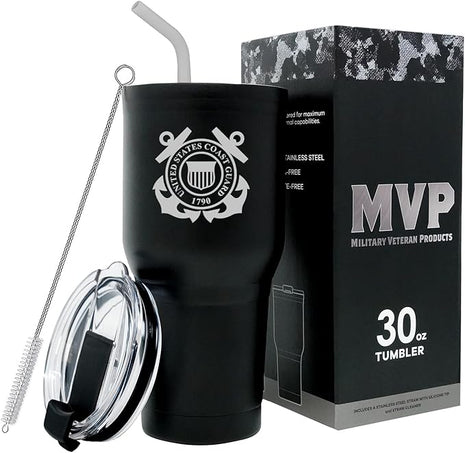 Military Gift Shop 30 oz Black Double Wall Vacuum Insulated Stainless Steel US Coast Guard Tumbler Travel Mug