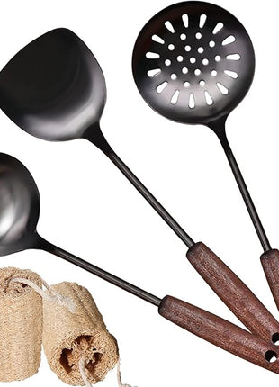 Wok Spatula and Ladle,Skimmer Ladle Tool Set,15 Inches 18/10 Stainless Steel Vintage Wok Utensils,Wok Spatula and Ladle Set with Solid Wooden Handle，Wok Accessories with Natural Cleaning Loofah Sponge