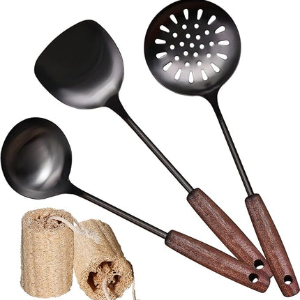 Wok Spatula and Ladle,Skimmer Ladle Tool Set,15 Inches 18/10 Stainless Steel Vintage Wok Utensils,Wok Spatula and Ladle Set with Solid Wooden Handle，Wok Accessories with Natural Cleaning Loofah Sponge