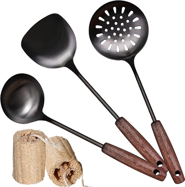 Wok Spatula and Ladle,Skimmer Ladle Tool Set,15 Inches 18/10 Stainless Steel Vintage Wok Utensils,Wok Spatula and Ladle Set with Solid Wooden Handle，Wok Accessories with Natural Cleaning Loofah Sponge