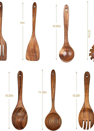 Teak Wooden Kitchen Utensil Set - 7Pcs Wooden Cooking Utensils Including Spatula
