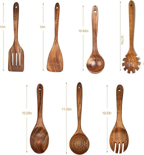 Teak Wooden Kitchen Utensil Set - 7Pcs Wooden Cooking Utensils Including Spatula