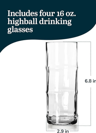 Libbey Tiki Bamboo Highball Drinking Glasses,Iconic 16 Oz Tall Cocktail Glasses Set of 4,Modern Highball Cocktail Glasses