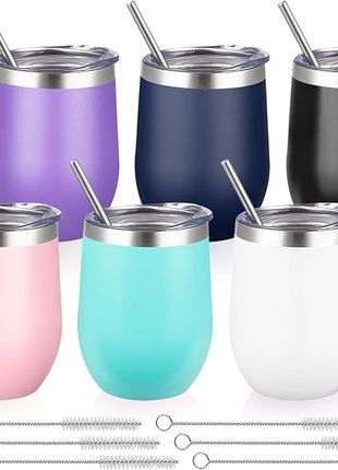 12 Oz Insulated Wine Tumbler with Lid Double Wall Vacuum Stainless Steel Wine Glass Coffee Mug Insulated Tumbler Cup for Champaign, Cocktail, Beer (Multi, 6 Pack)