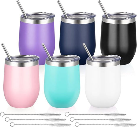 12 Oz Insulated Wine Tumbler with Lid Double Wall Vacuum Stainless Steel Wine Glass Coffee Mug Insulated Tumbler Cup for Champaign, Cocktail, Beer (Multi, 6 Pack)