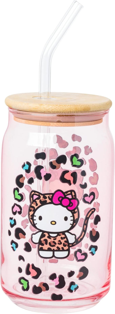 Silver Buffalo Sanrio Hello Kitty in Leopard Print Outfit and Leopard Cat Print Pattern Pink Glass Jar Tumbler with Bamboo Lid and Glass Straw, 16 Ounces