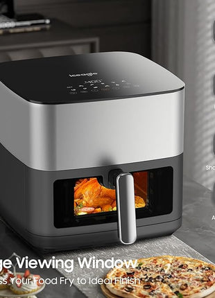 Iceagle Stainless Steel Air Fryer 9 Quart - Airfryer XXL with Large Viewing Window, Dual Heating Elements, 12-in-1 Function to Roast, Bake, Broil, Defrost, Reheat, Dishwasher-Safe Parts, 1700W, Siver