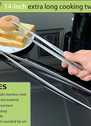 JETKONG 2 Pcs 14-Inch Food Tweezers Stainless Steel Tweezer Tongs Extra-Long Cooking Tweezers (Silver)