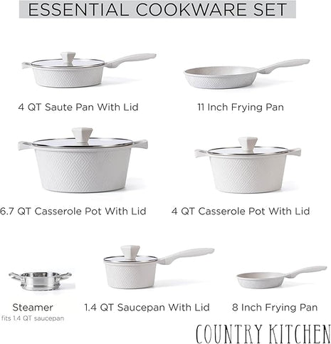 Country Kitchen Non-Stick Cast Aluminum Cookware Set - Durable Kitchen Cookware for Everyday Cooking, Cream Rhombus, 11 Pc.