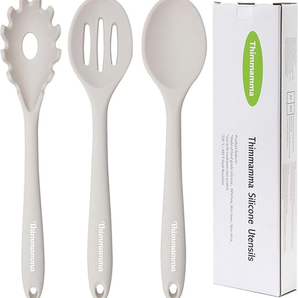 Silicone Cooking Spoons, Heat Resistant Large Silicone Pasta Slotted Spoon Solid Basting Spoon set for Nonstick Cookware, BPA Free Black Kitchen Silicone Spoons set for Mixing, Serving, Draining White